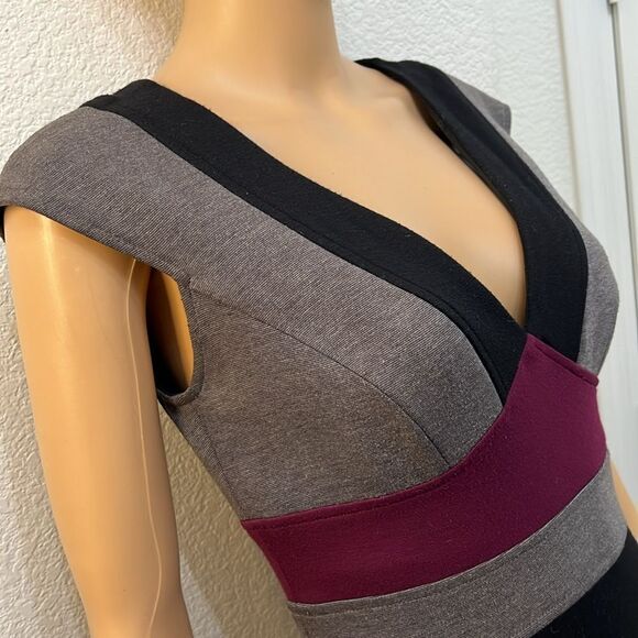 Maggy London Dress Sz 4 v Neck Cap Sleeve Black Gray Burgundy Silver Zipper - Picture 3 of 9